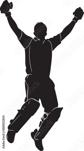 Cricketer silhouette celebrating victory with raised bat on white background
