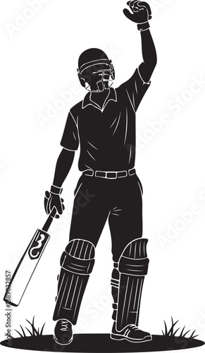 Cricketer silhouette celebrating victory with raised bat on white background