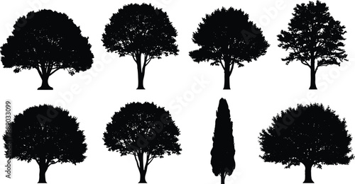 Large collection of black vector silhouettes featuring various deciduous broadleaf trees and cypress isolated on white background for architectural visualization and outdoor nature design projects