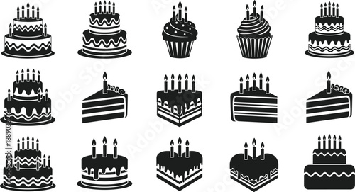 Large set of black vector icons featuring various birthday cakes cupcakes and cake slices with candles isolated on white background for celebration and party design