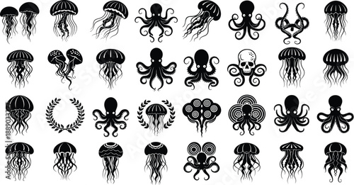Large collection of black vector silhouettes featuring various jellyfish and octopus species isolated on white background for marine life ocean and sea design projects