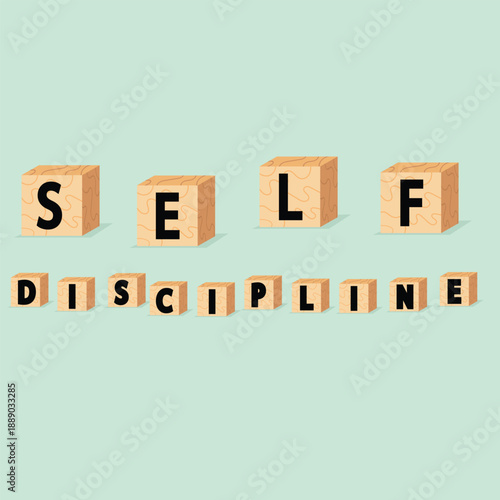 Vector-style wooden cubes arranged to spell “SELF DISCIPLINE,” conveying motivation, structure, and personal control, similar to concepts like willpower, perseverance, and habit-building.