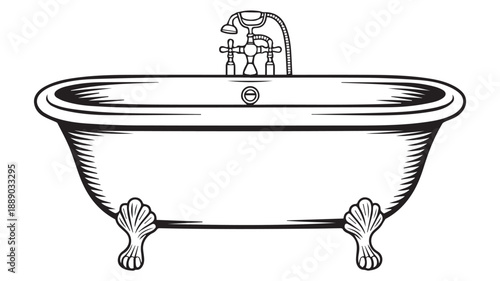 Classic Clawfoot Bathtub with Ornate Faucet in Black and White Line Art Illustration, a Vintage Design Element for Bathroom Decor and Retro Interior Projects