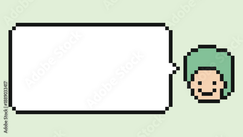 Cartoon man with review,feedback,talk or chat box blank say speak male boy decoration 8 bit design cute.