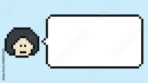 Cartoon happy woman with review,feedback,talk or chat box blank say speak female girl decor 8 bit design art.