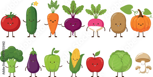 Cute kawaii vegetables vector set with smiling tomato, carrot, beet, corn, pumpkin, cabbage, and adorable healthy food cartoon characters