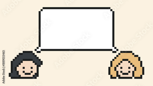 Cartoon happy woman with review,feedback,talk or chat box blank say speak female girl decor 8 bit design art.