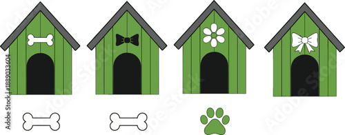 Vector illustration set of green wooden dog houses with decorative icons including bones flowers and bows for pet care animal shelter and kennel design