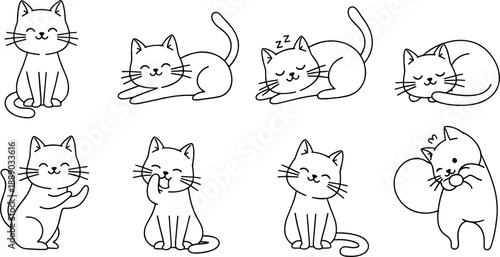 Cute line art cat vector set with playful kittens, sleeping poses, grooming actions, and adorable minimal cartoon feline characters