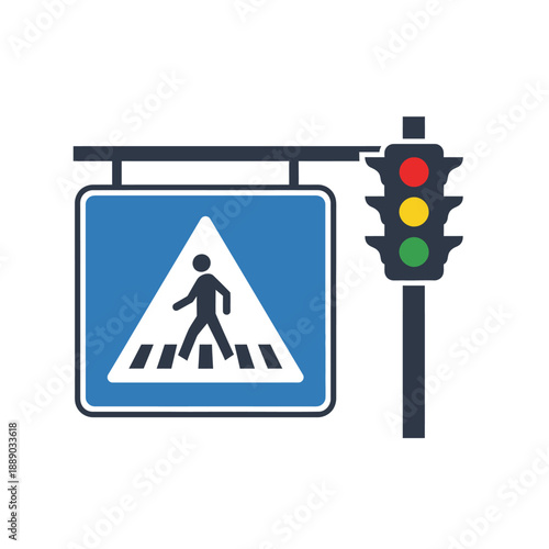 Pedestrian crossing sign with traffic light, safety and traffic control concept