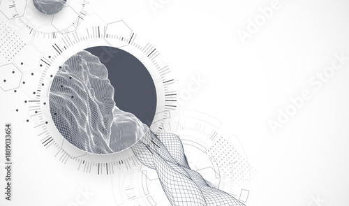 Abstract composition with wireframe wave and technology circles. Vector