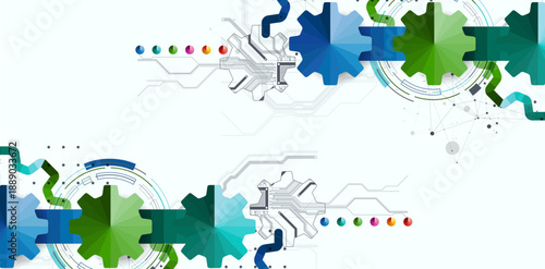 Stylized view of gears integrated with microcircuits. Concept of combining mechanics and electronics.