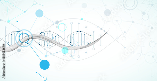 Abstract image of DNA molecule on wireframe wave. Scientific vector background.