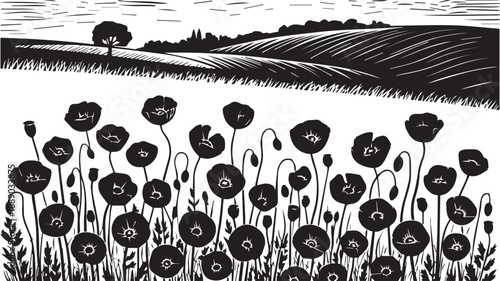 A serene black and white illustration of a field of poppies under rolling hills, evoking a sense of tranquility and natural beauty