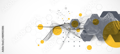 Abstract composition with wireframe hexagons, dots, and lines. Vector