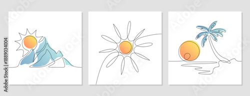 Vector doodle continuous one line art drawing of mountain, sun, sea and island with palm tree. Minimal linear summer silhouettes. Single thin outline weather icons or nature elements posters, banners