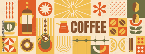 Abstract geometric coffee pattern with beans, pot, drink cup, plant leaves, hot teapot and bauhaus elements. Vector minimalist seamless background, design template for cafe cover, menu and packaging