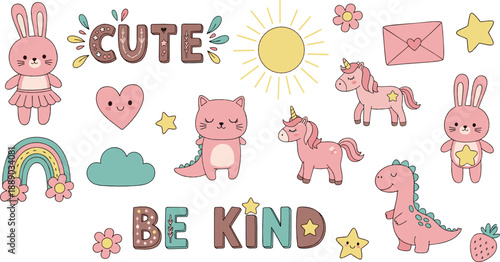 Cute pastel motivational vector set with unicorns, dinosaurs, bunnies, rainbows, hearts, sun, stars, and positive quote elements for kids