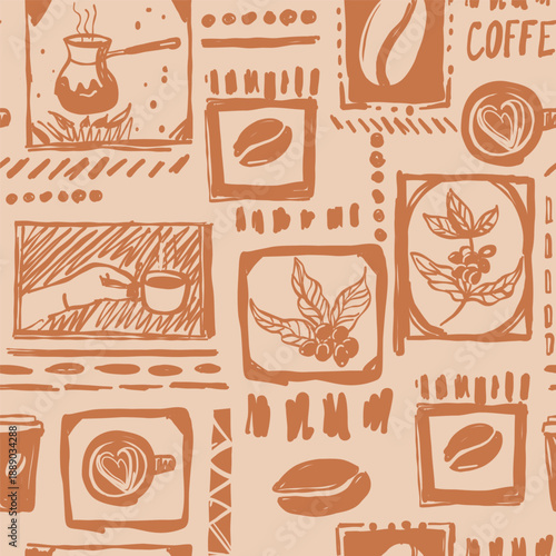 Coffee seamless vector pattern, hand drawn, sketch, coffee beans, cezve, espresso