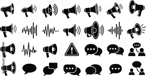 Collection of megaphone and speech icons for communication and announcement