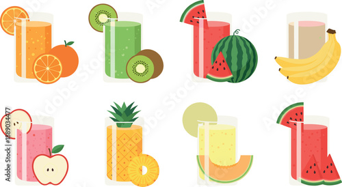 Collection of fresh healthy fruit smoothies and juices in glasses set
