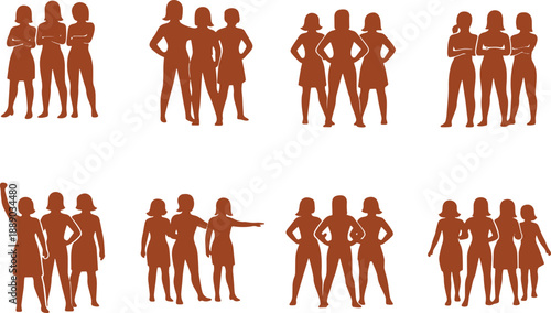 Group of diverse women standing together in various poses and interactions conveying unity and camaraderie