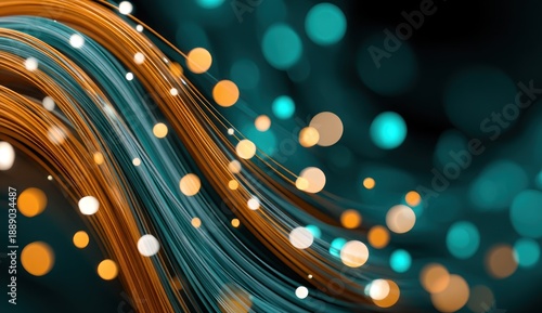 Wavy strands of orange and teal with bokeh effect, suggesting movement and energy
