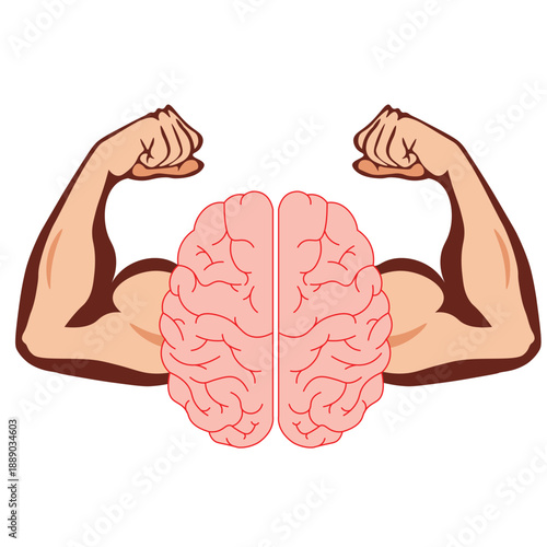 vector illustration of a brain with muscular arms flexing, symbolizing mental strength, confidence, resilience and determination, similar to concepts like grit, willpower and emotional toughness.