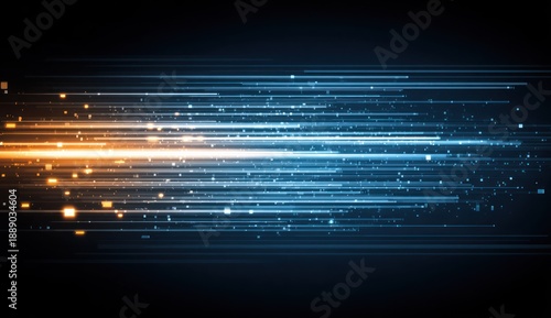 Abstract illustration of horizontal lines with gradients and light particles on a dark background