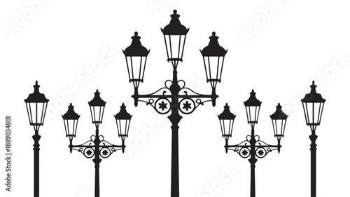A black and white silhouette illustration of multiple ornate street lamps with multiple light fixtures on poles