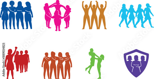 Diverse group of people icons representing unity teamwork and support in various colors and poses
