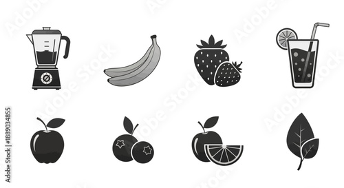 Black and White Fruit and Beverage Icons Set on isolated white background