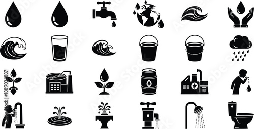 Collection of 20 black and white icons related to water energy and resources