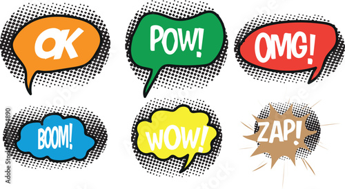 Collection of six vibrant pop art style comic book speech bubbles featuring dynamic onomatopoeia words like ok pow omg boom wow and zap in contrasting colours for graphic design impact