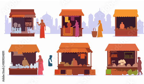 Indian Market Bazaar Vector Illustration with People Shops and Ancient Cityscape