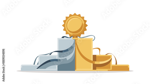 A vector graphic illustration of a medal on a podium with ribbons and blocks in a minimalist design