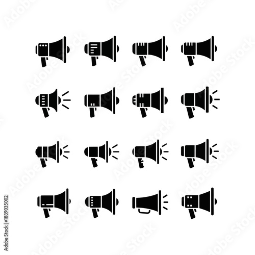 A collection of sixteen black silhouette megaphone icons, some emitting sound waves, arranged on a white background.