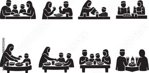 Illustrations of families enjoying meals together in various settings depicting togetherness and dining