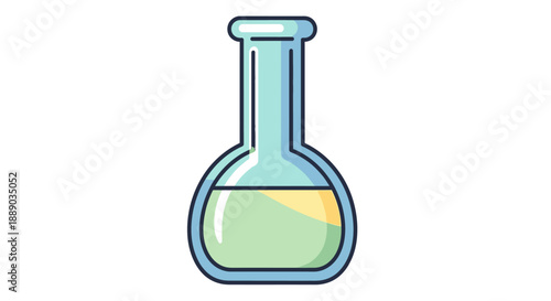 Cartoon Style Laboratory Flask with Green Liquid Icon on Isolated White Background