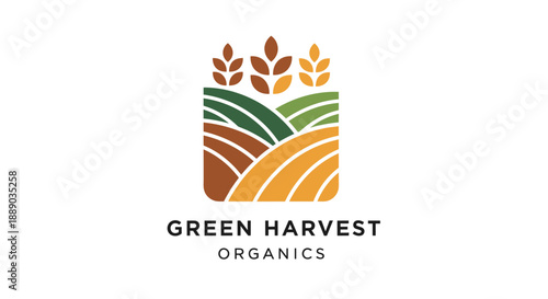 Green Harvest Organics logo with stylized fields and wheat stalks.