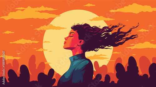 Illustration of a woman with flowing hair, In Desert Wind Background, Vector Portrait Illustration