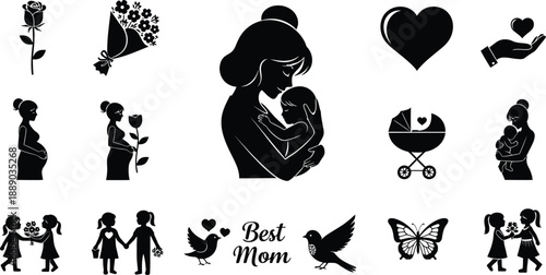 Silhouette icons of motherhood and family love