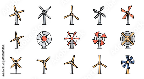 Sustainable Collection of Wind Turbine and Renewable Energy Icons for Clean Power on Isolated White Background