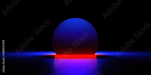 A spherical form, lit with gradients of red and blue, sits on a reflective surface