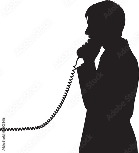 Man silhouette talking on oldfashioned landline phone with long cord isolated on transparent background