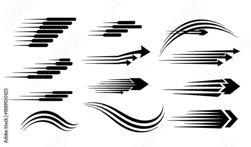 Dynamic speed line motion vector elements in black isolated on white background