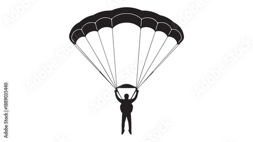 A black and white silhouette illustration of a skydiver descending under a parachute, depicted with clean lines and a simple design