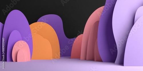 Abstract layered shapes in various hues create a stylized, minimalist landscape against a black backdrop