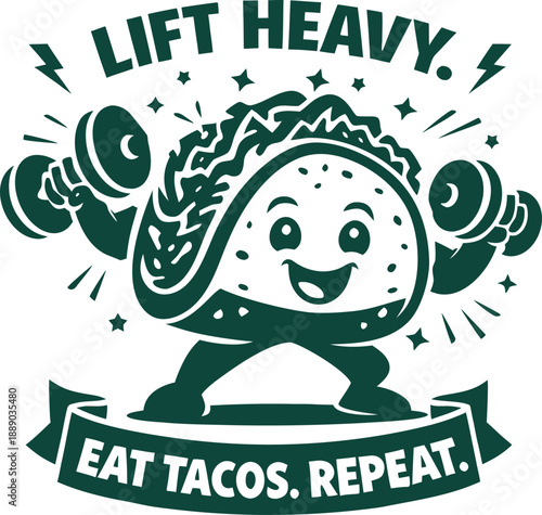 Illustrative taco character lifting weights with a joyful expression promoting fitness and eating tacos