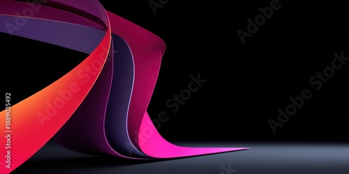 Abstract artwork features layered, curved ribbons with vibrant gradient hues, set against a dark backdrop